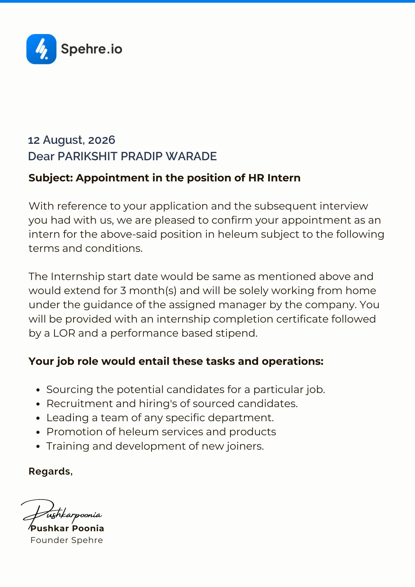 spehre Offer Letter Page 1