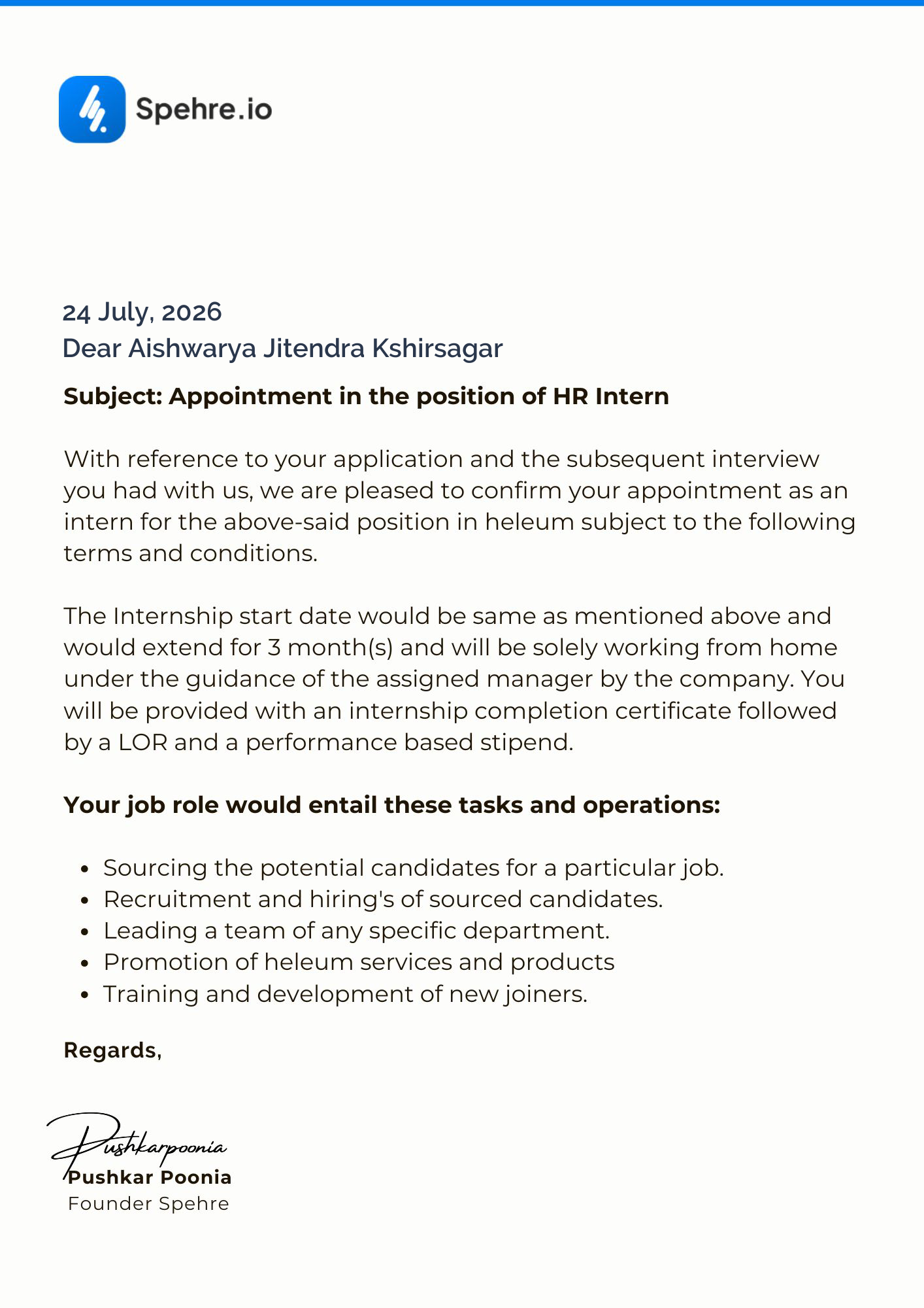 spehre Offer Letter Page 1