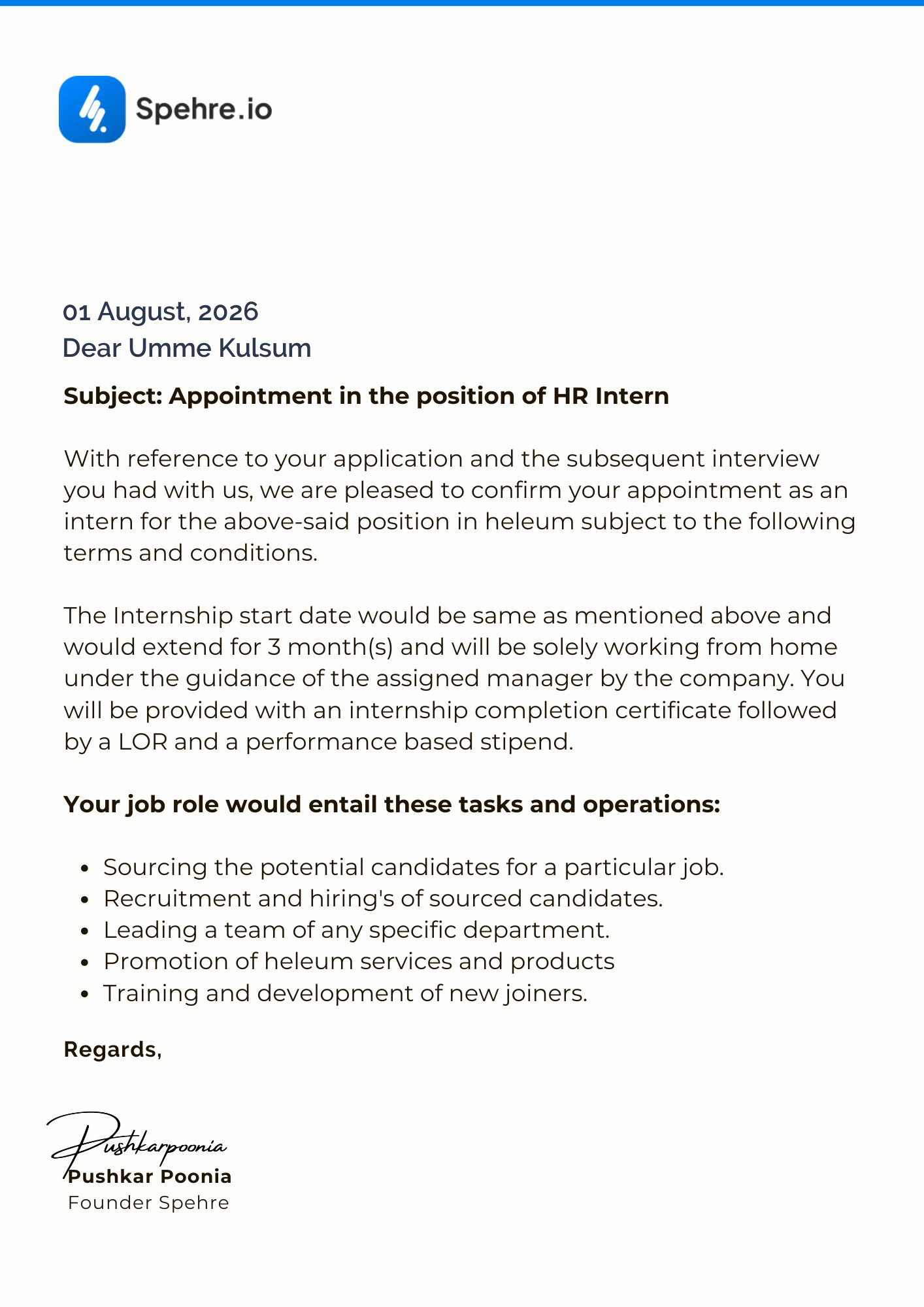 spehre Offer Letter Page 1