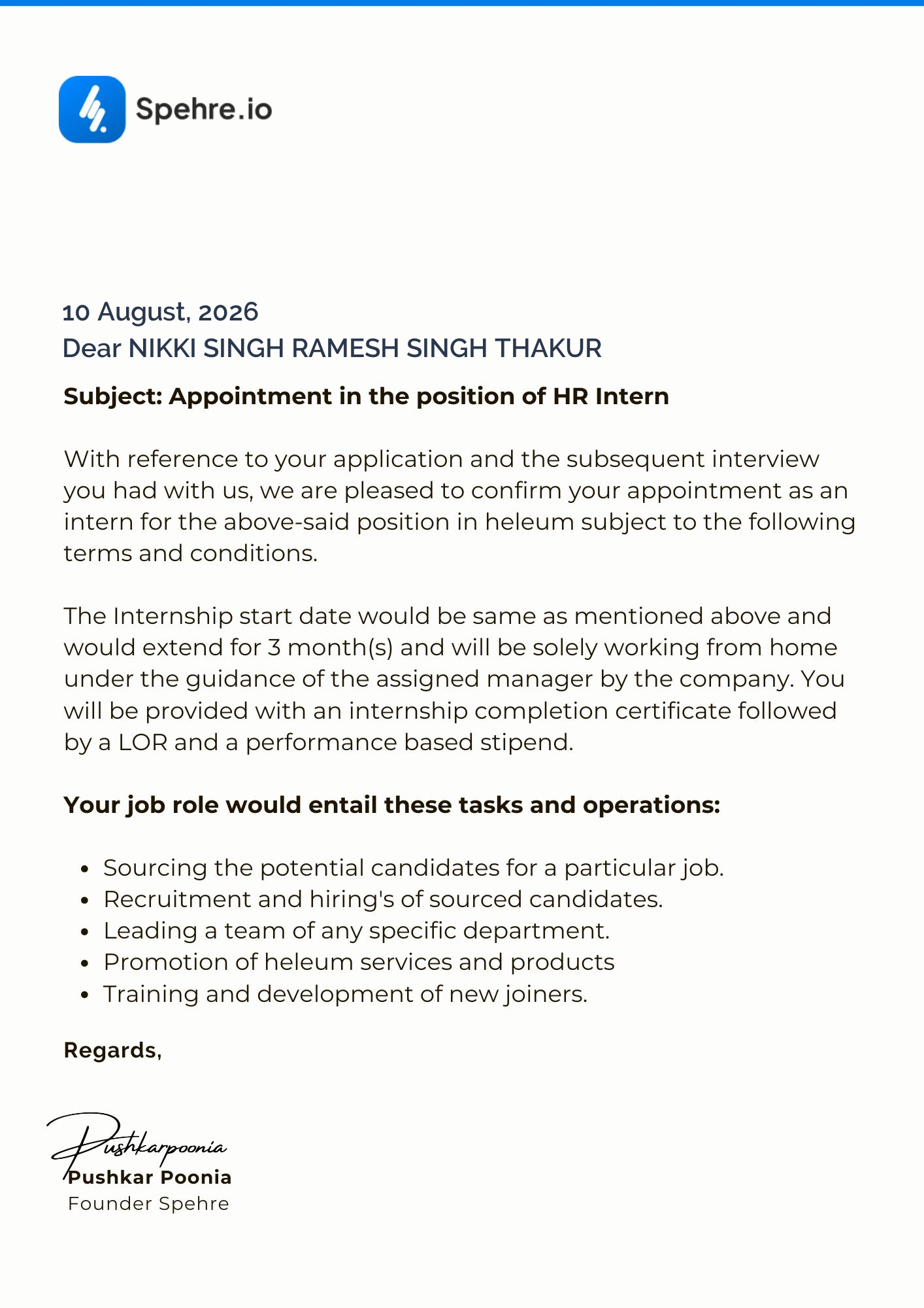 spehre Offer Letter Page 1