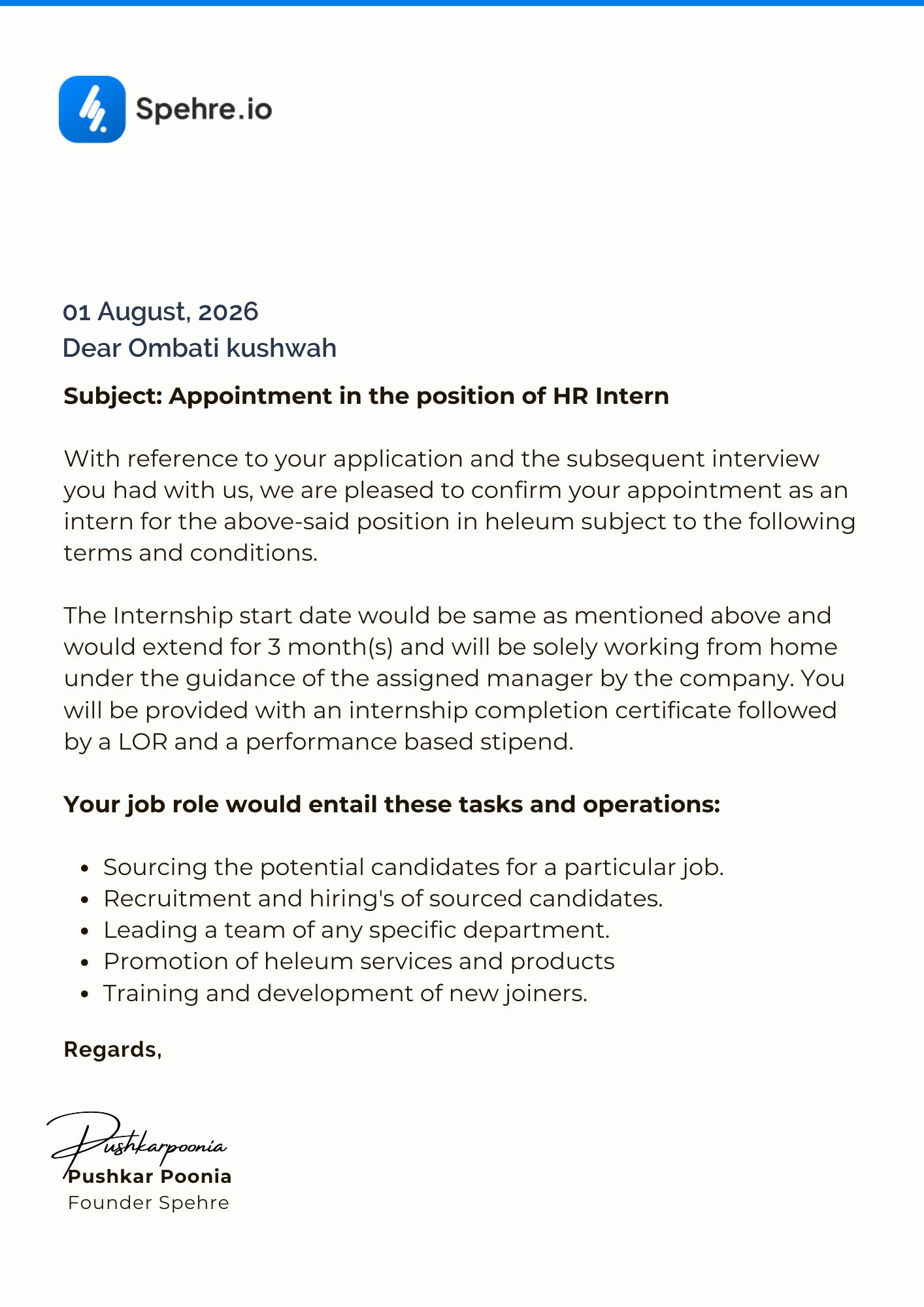 spehre Offer Letter Page 1