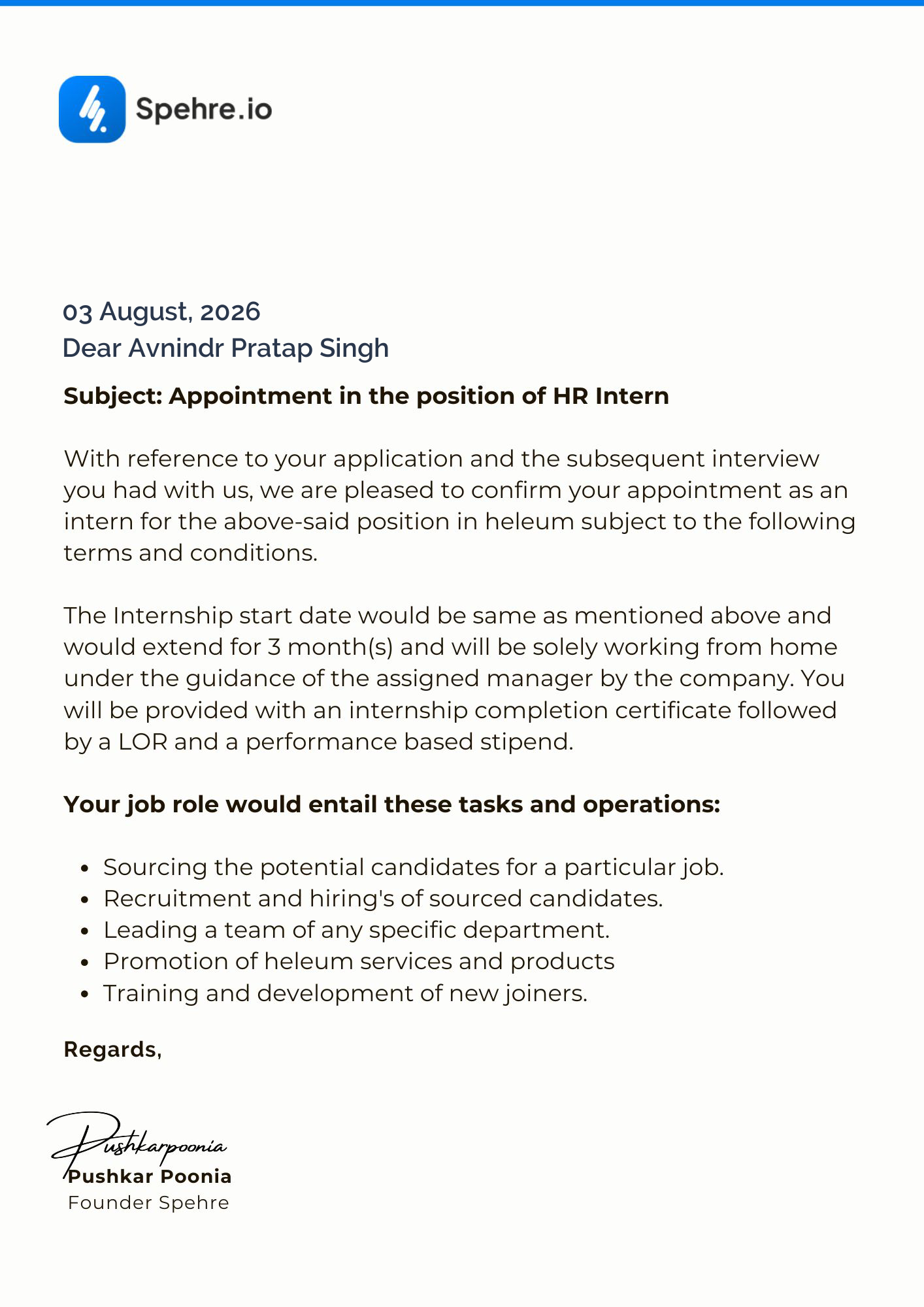 spehre Offer Letter Page 1