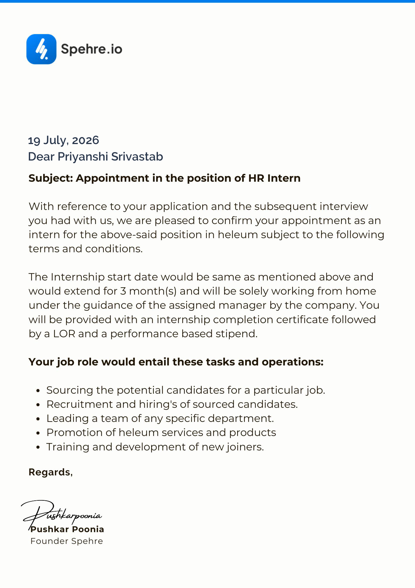spehre Offer Letter Page 1