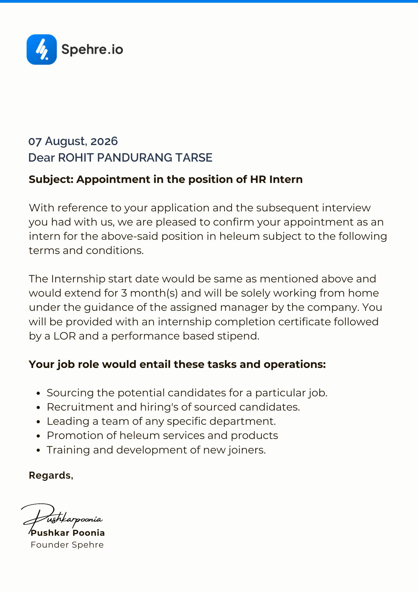 spehre Offer Letter Page 1