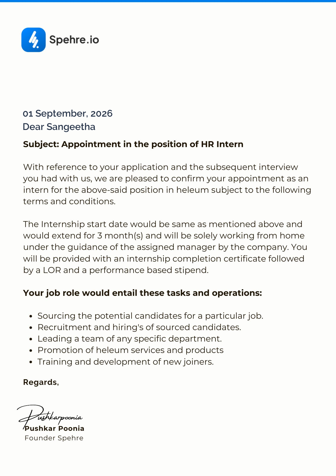 spehre Offer Letter Page 1