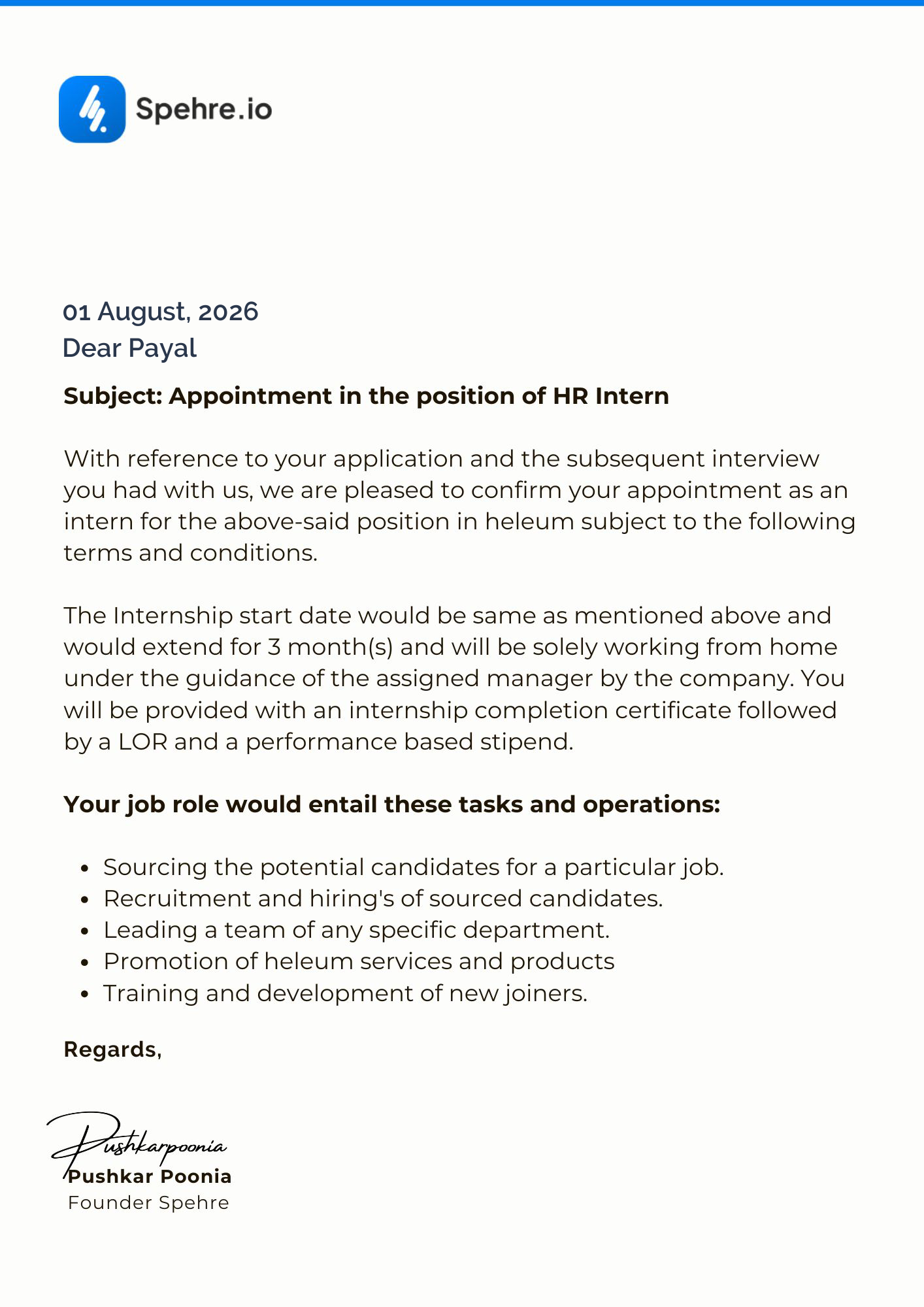 spehre Offer Letter Page 1