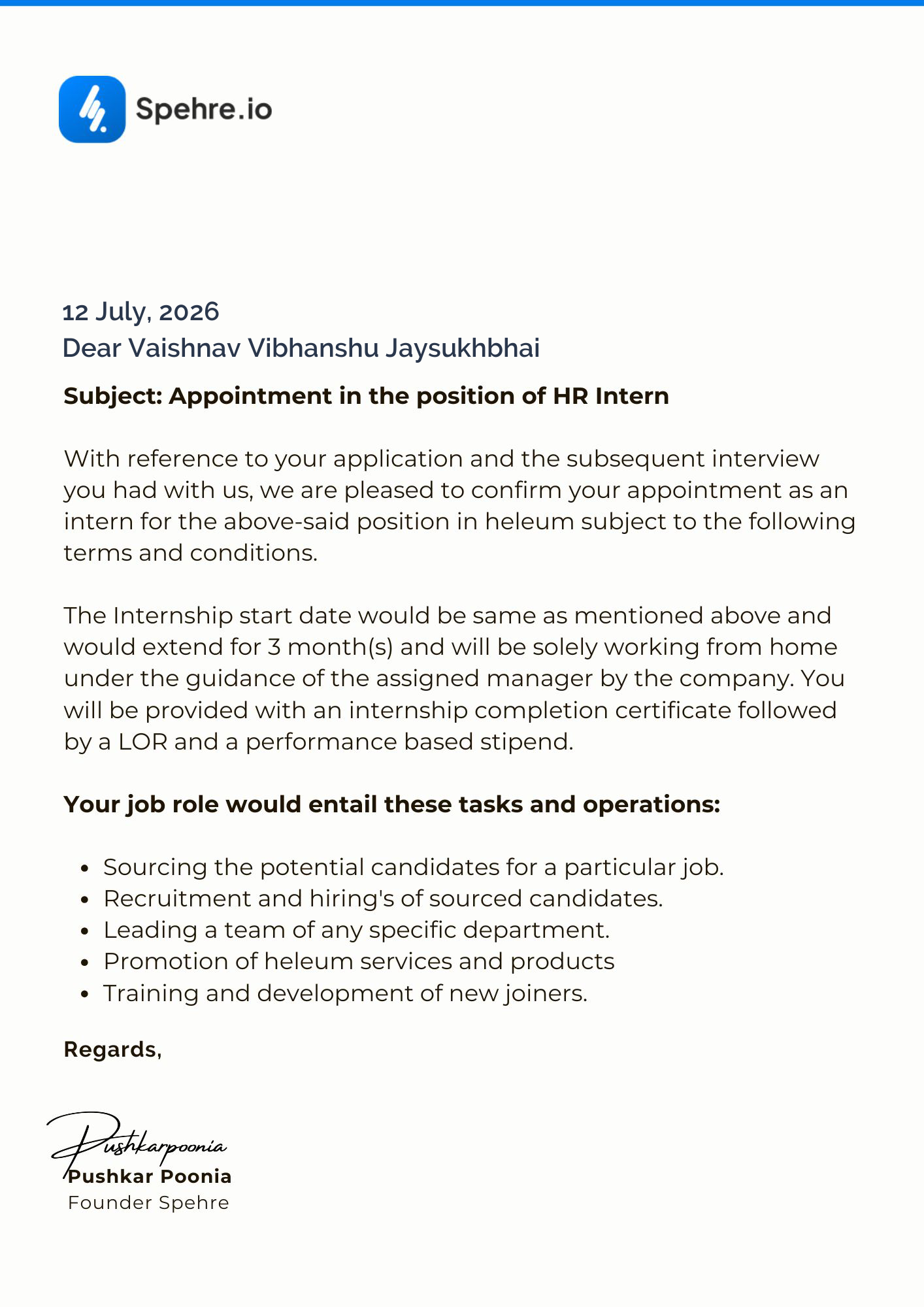 spehre Offer Letter Page 1