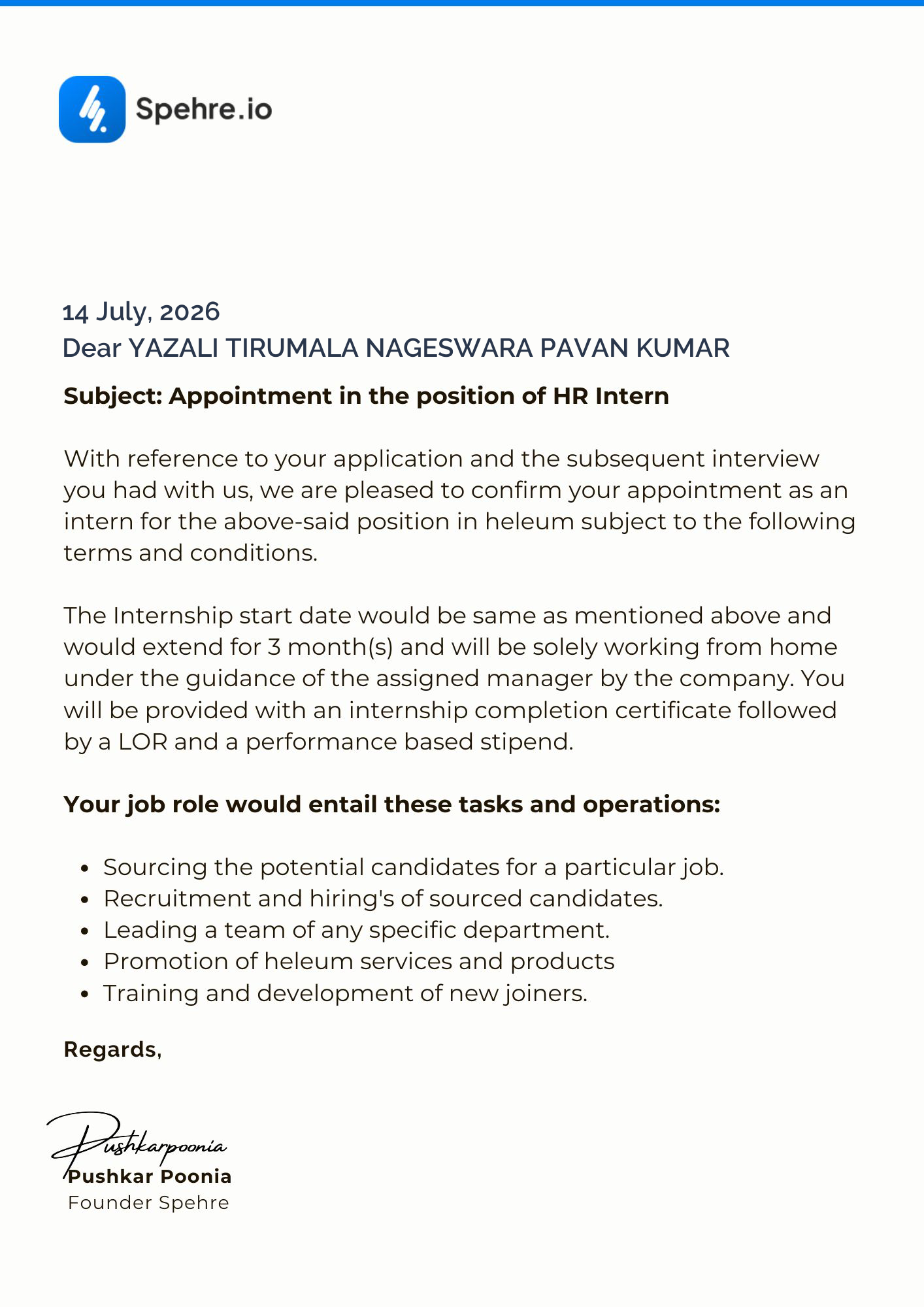 spehre Offer Letter Page 1